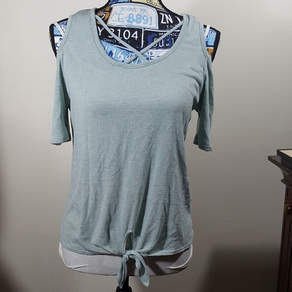 Caution To The Wind Tops - Cold shoulder mint light top with tye front